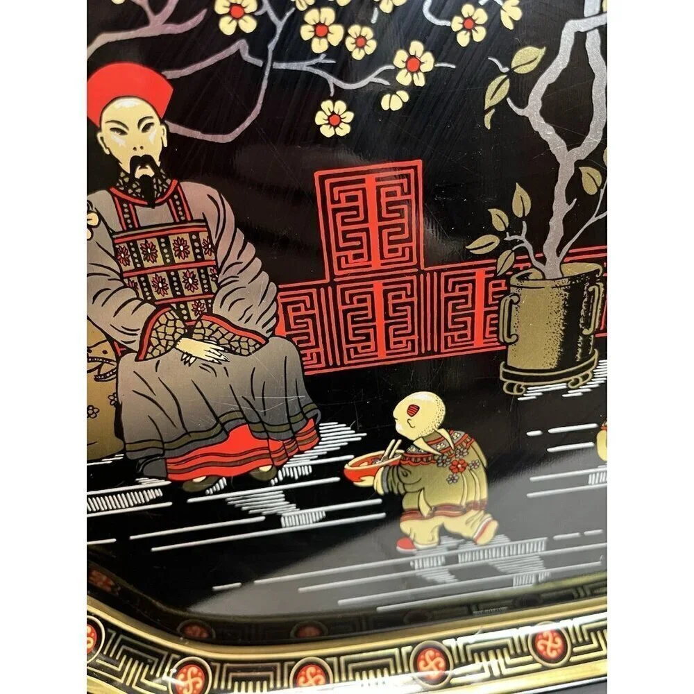 Vintage Asian Tin Serving Tray Made in England Chinese Emperor Throne Oriental